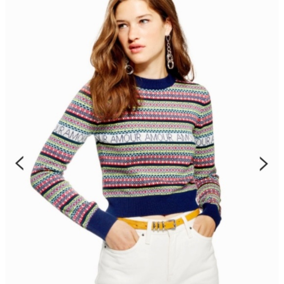 NWOT Topshop Amour Slogan Fair Isle Sweater SZ 12